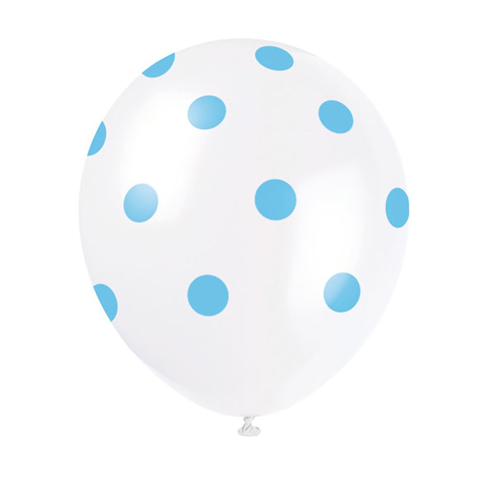 12 inch WHITE WITH BLUE POLKA DOTS BALLOON (6 PK)