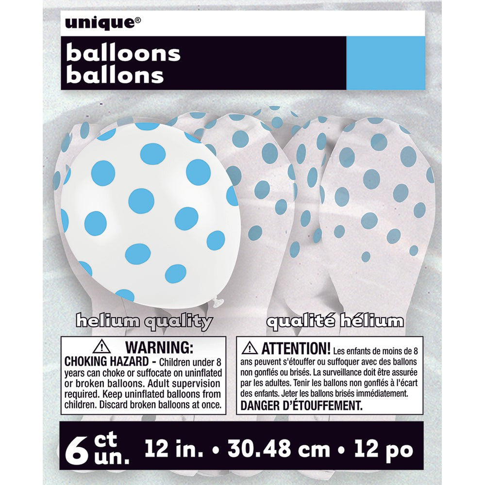 12 inch WHITE WITH BLUE POLKA DOTS BALLOON (6 PK)