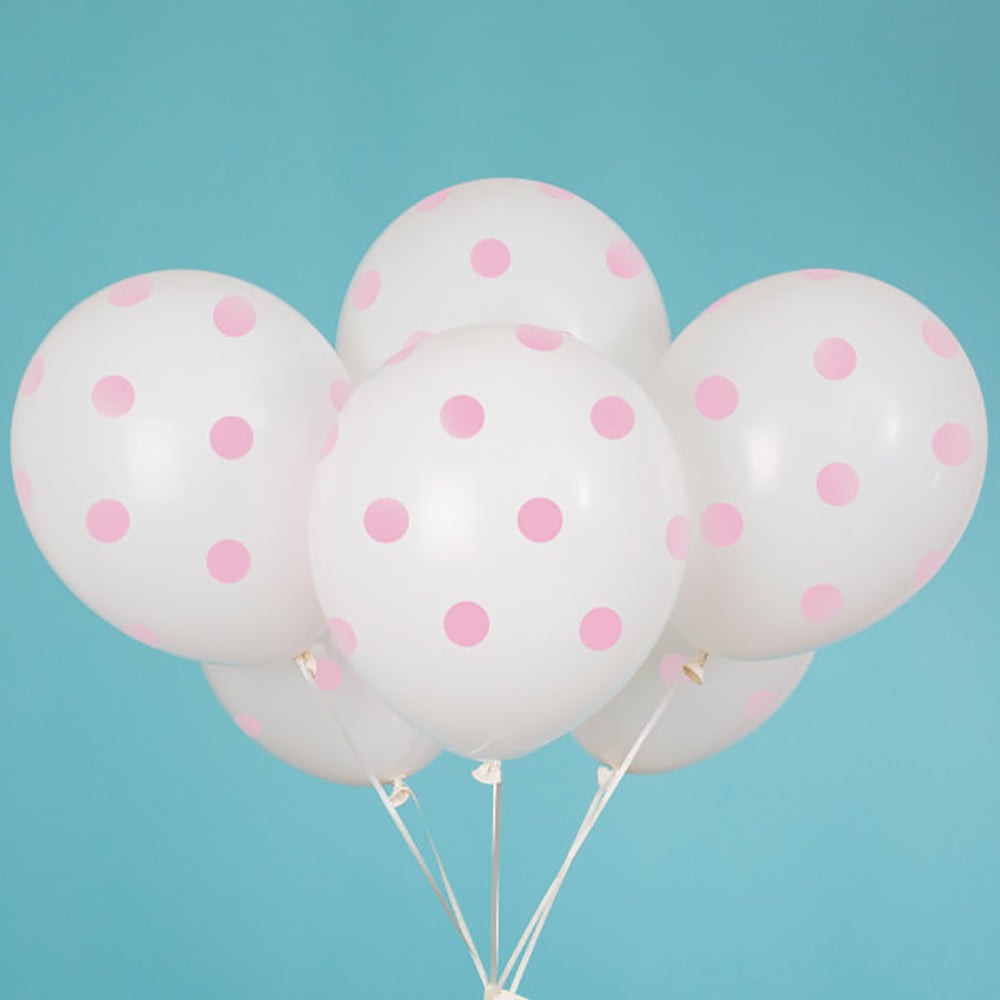 12 inch WHITE WITH PINK POLKA DOTS BALLOON (6 PK)
