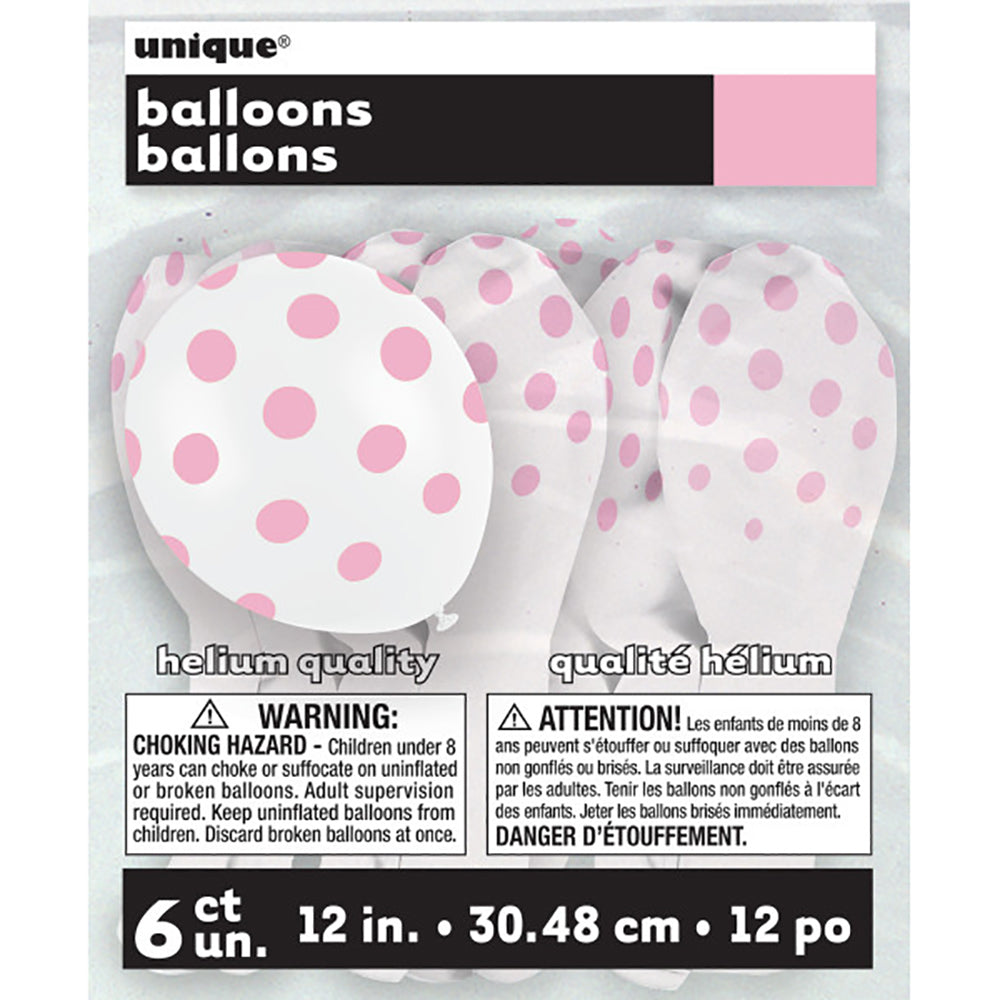 12 inch WHITE WITH PINK POLKA DOTS BALLOON (6 PK)